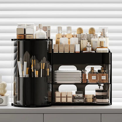 Cosmetic organizer rack with tray and rotating holder.