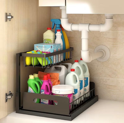 2 tier metallic sliding pull out cabinet organizer rack