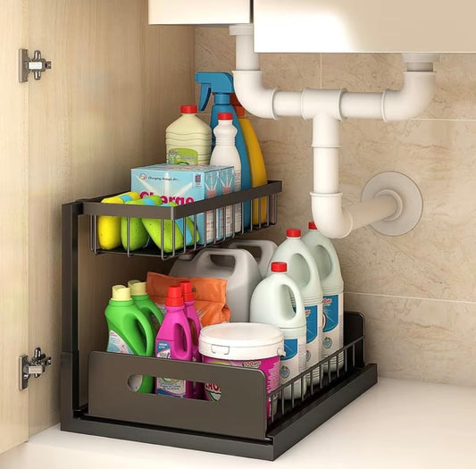 2 tier metallic sliding pull out cabinet organizer rack