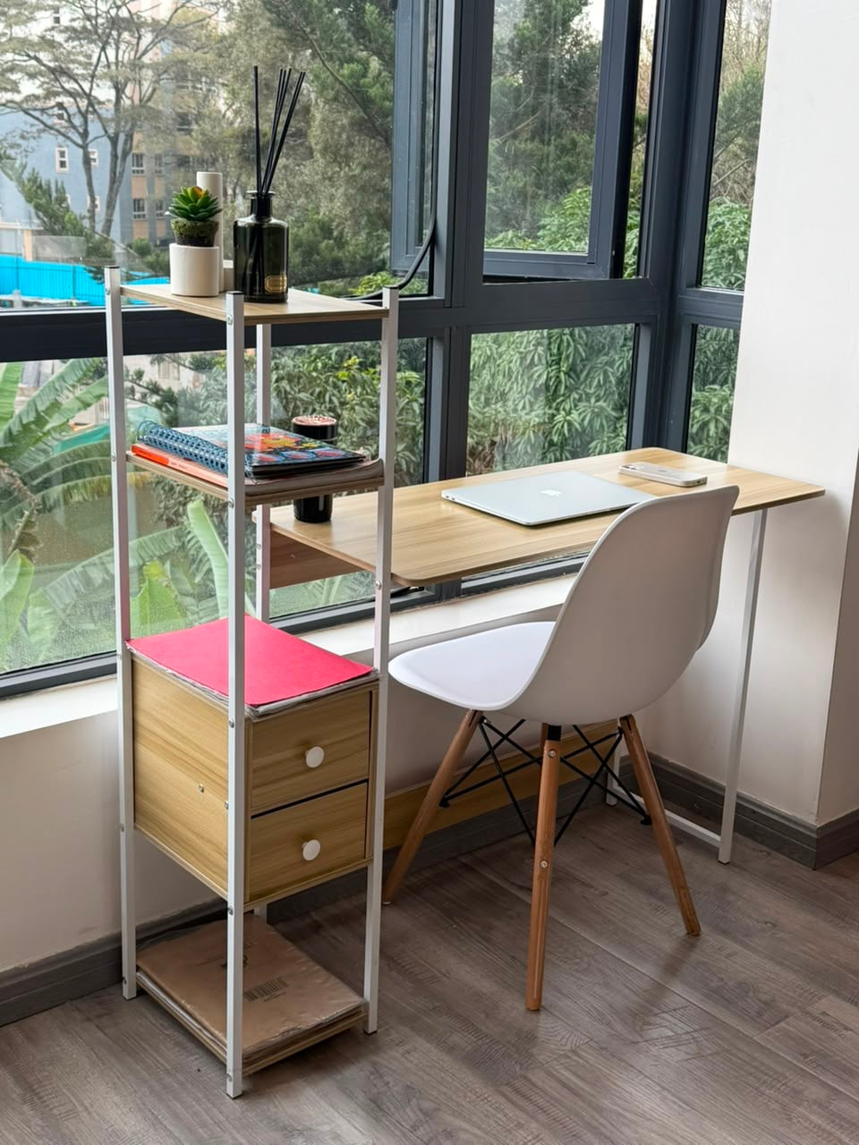 Minimalist Workstation with Storage Shelves & 2 Drawers