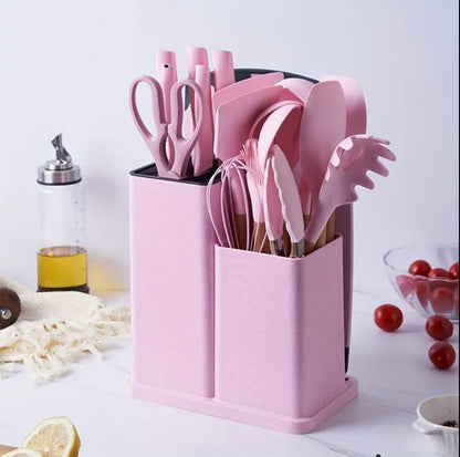 19pcs heat resistant silicone cooking  kitchen spoon set with knives and chop board