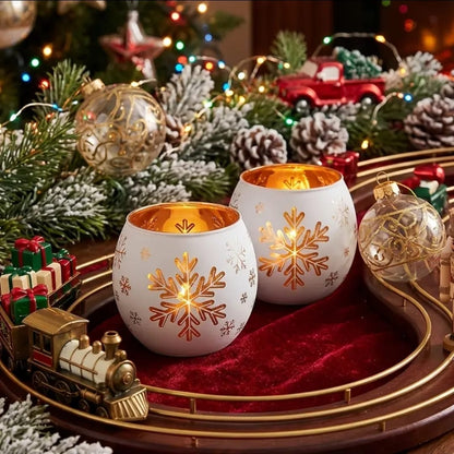2Pc  Glass Snowflake Tealight Candle  Holders Set