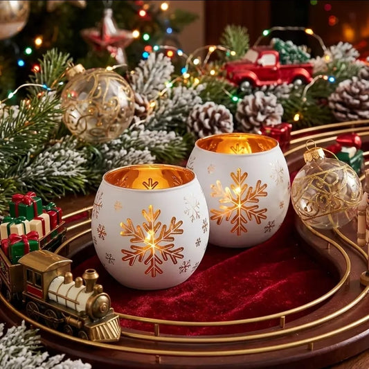 2Pc  Glass Snowflake Tealight Candle  Holders Set