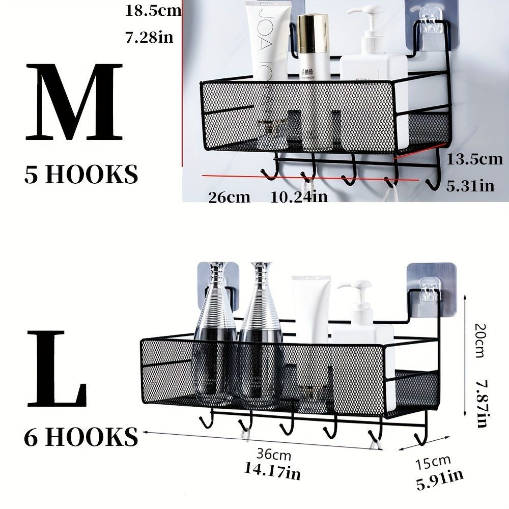 Mesh bathroom rack with hooks
Sticks by adhesive 
Large