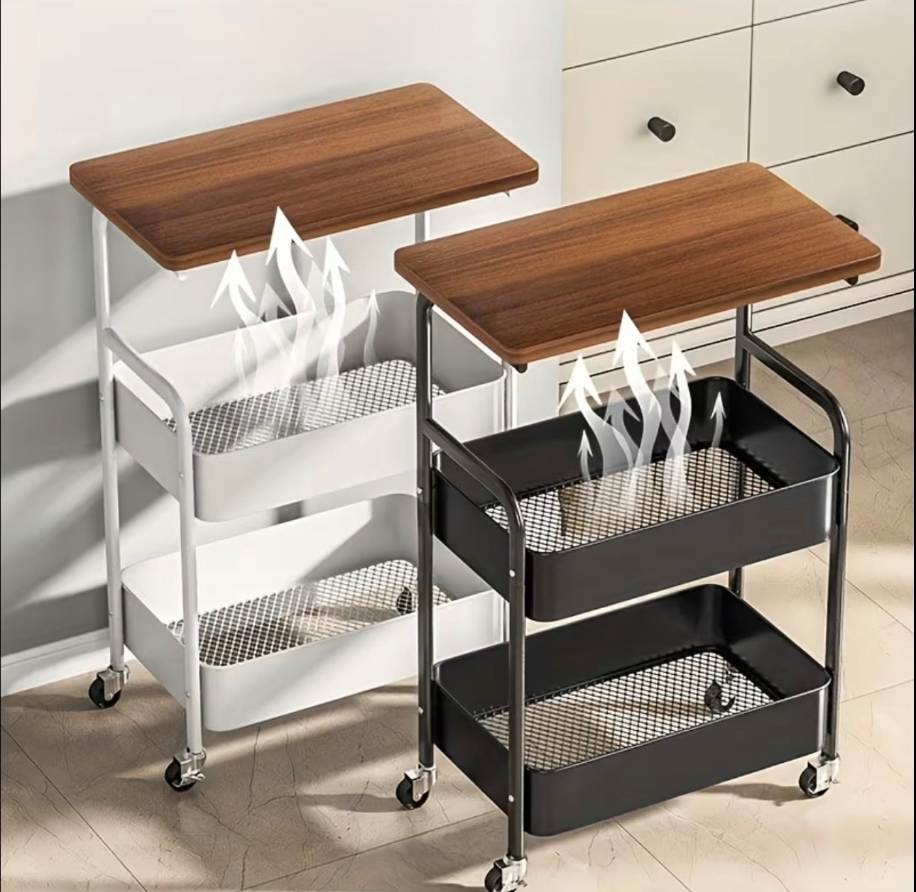 wooden top double mesh trays trolley rack