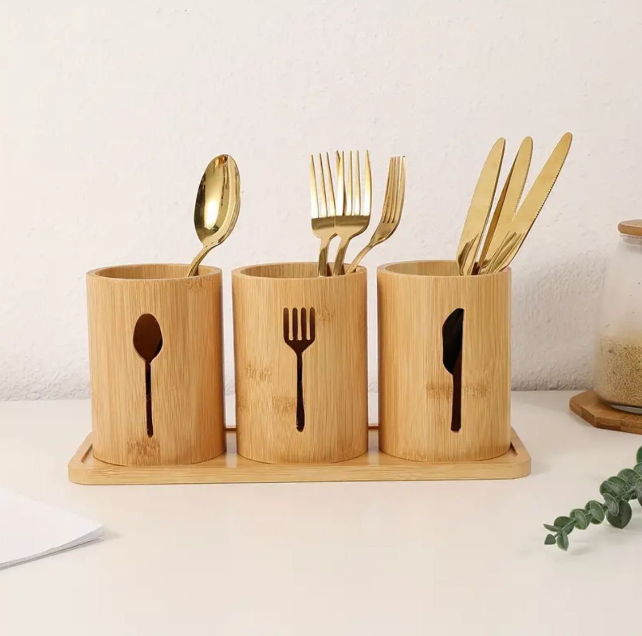 Eco-friendly 4in 1 bamboo cutlery holder inclusive of a bamboo base