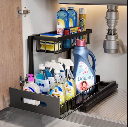 2 tier metallic sliding pull out cabinet organizer rack