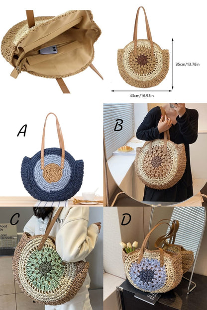 Round straw woven beach bag