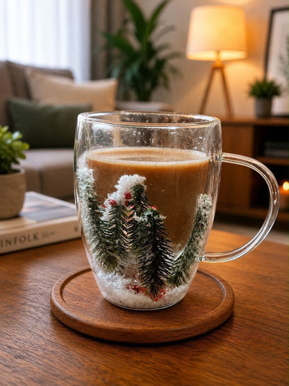 High borocillicate double-wall glass mug with pressed floral designs