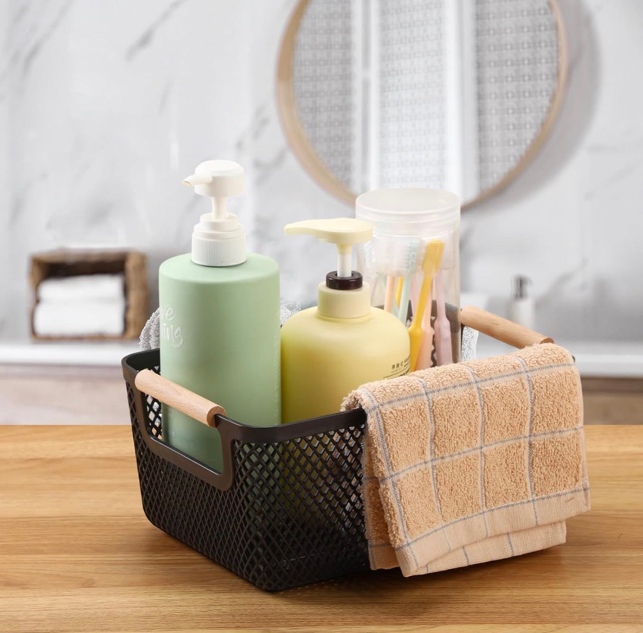 Large size Modern hard Plastic Storage Basket with Wooden Handles