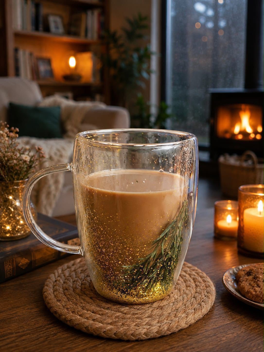 High borocillicate double-wall glass mug with pressed floral designs