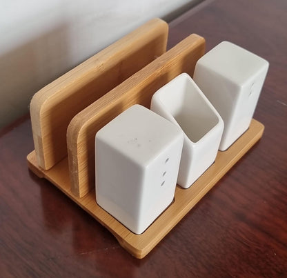 SALT SHAKER TOOTHPICK holder NAPKIN holder on  BAMBOO BASE