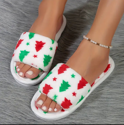 Fuzzy Christmas Themed Indoor Slippers