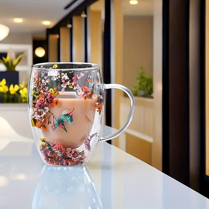 Insulated Double Wall Glass Cup Dried Flower Coffee Cup with Handle