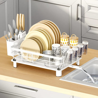 Minimalist countertop dish drying rack with a durable white-coated metal frame and removable utensil holder.