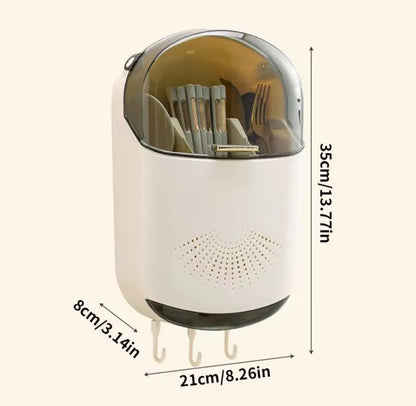 Wall Mounted Punch-free Cutlery Holder with Lid and Drain hole.