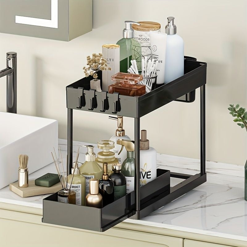 Double Sliding Under Sink Organizers and Storage - 2 Tier Bathroom Storage and Organization