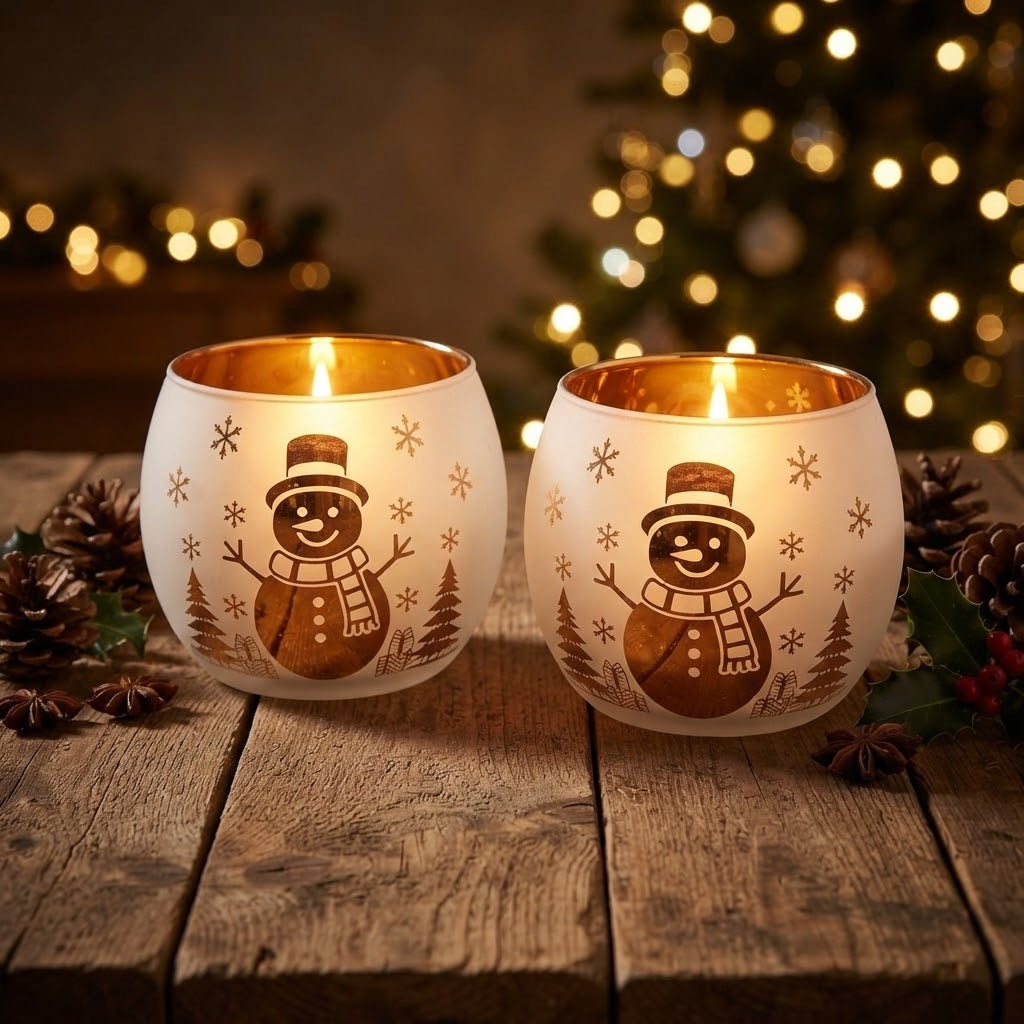 2Pc  Glass Snowflake Tealight Candle  Holders Set