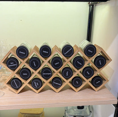 Wooden Spice Rack with 18 × 120ml Glass Jars + Pre-labelled Sticker Sheet