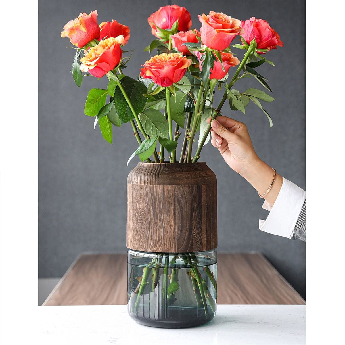 Modern creative glass vase with removable wooden decorative touch