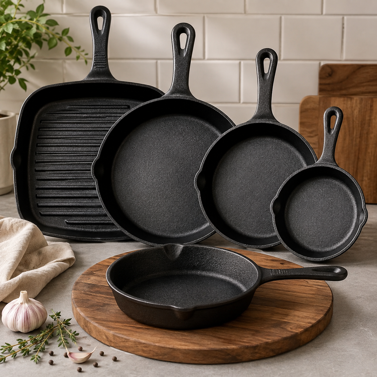5pcs Cast Iron Skillet Set and steak pan