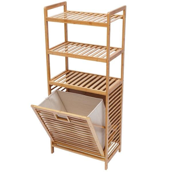 Bamboo Laundry Basket Organizer | 2-Tier Shelves & Tilt-Out Basket