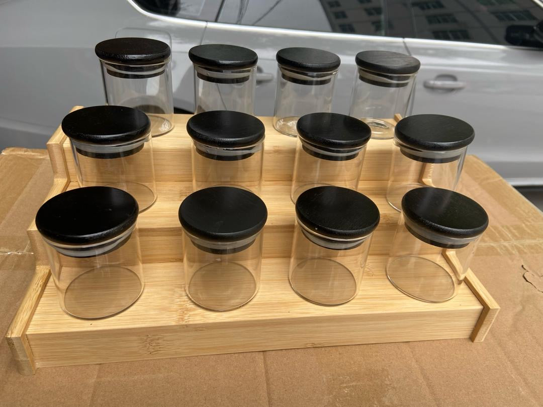 12Pcs Glass Spice Jars with Bamboo black  Lid + stand