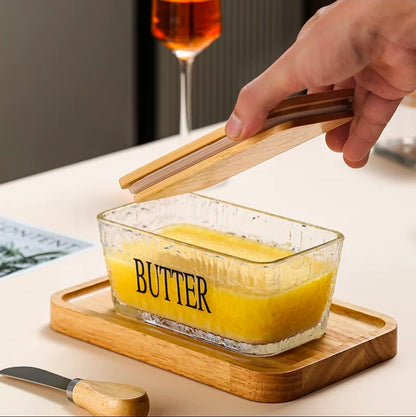 Glass butter dish with bamboo lid and spread knife