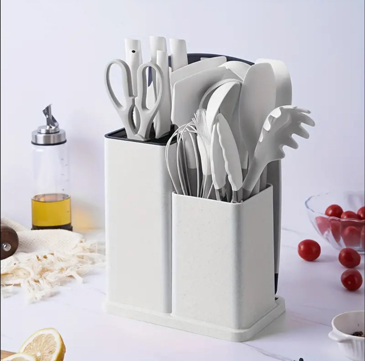 19pcs heat resistant silicone cooking  kitchen spoon set with knives and chop board