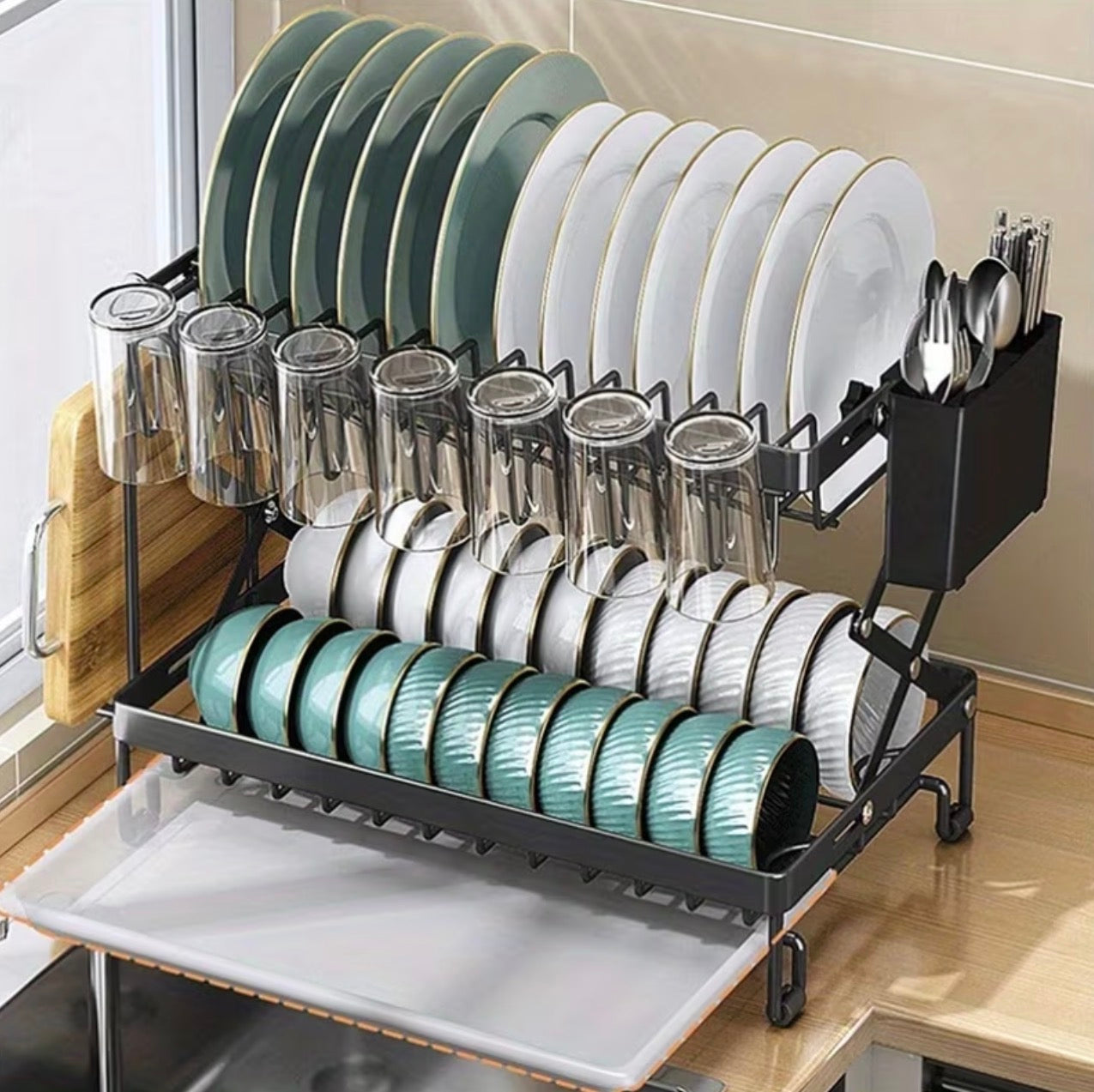 Modern 2-tier kitchen dish drying rack with a space-saving foldable design.