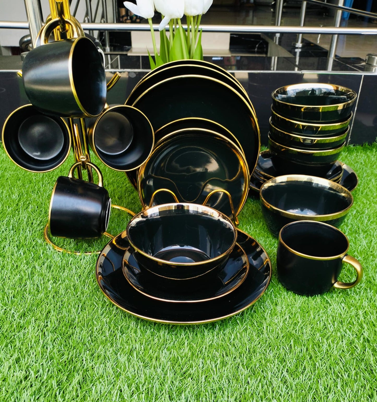 24pcs black dinner set with rim