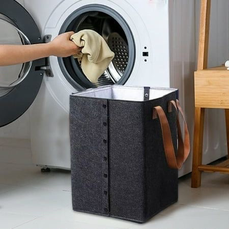 Foldable laundry basket with leather handles