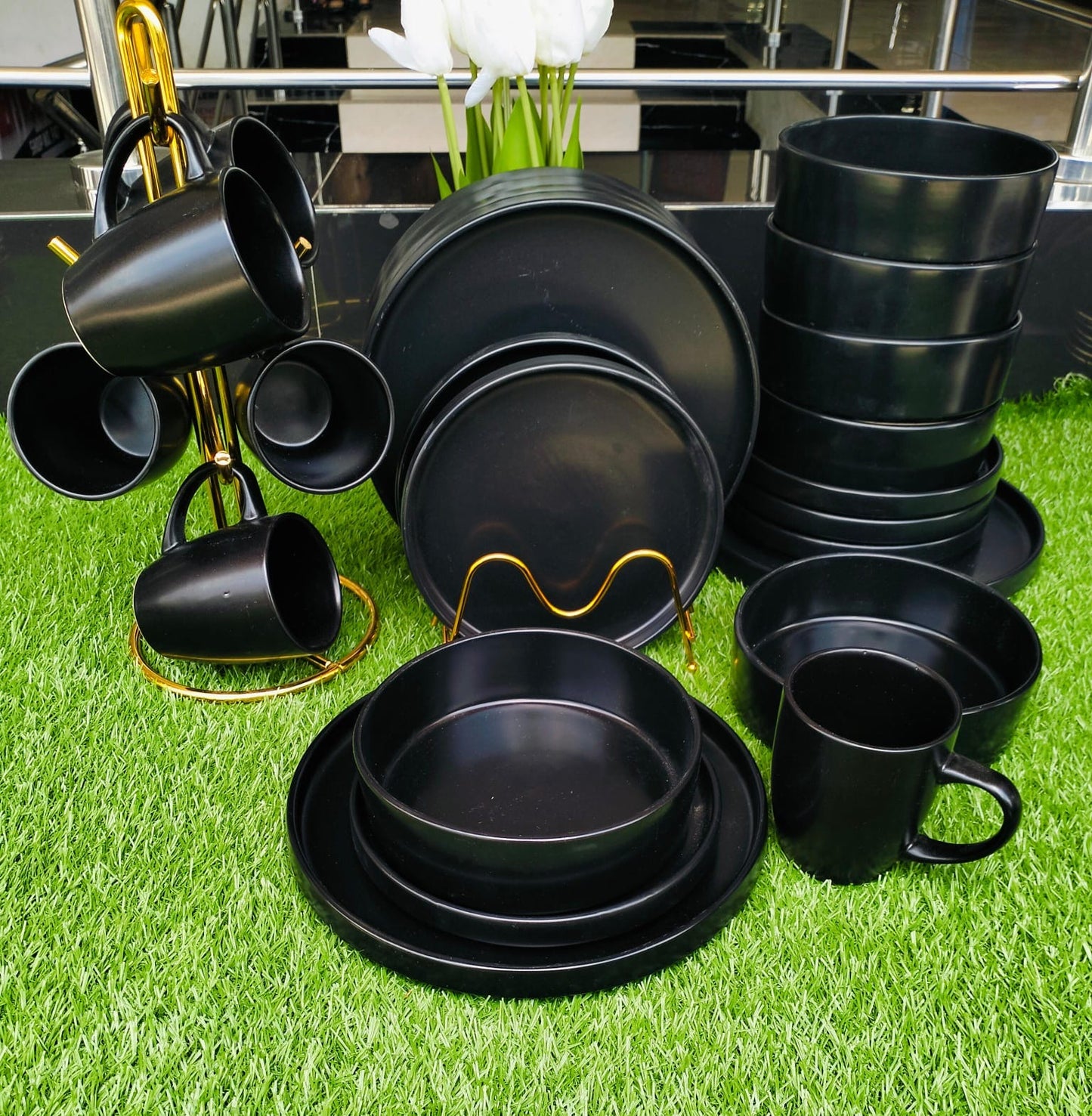 24pcs black plain dinner set