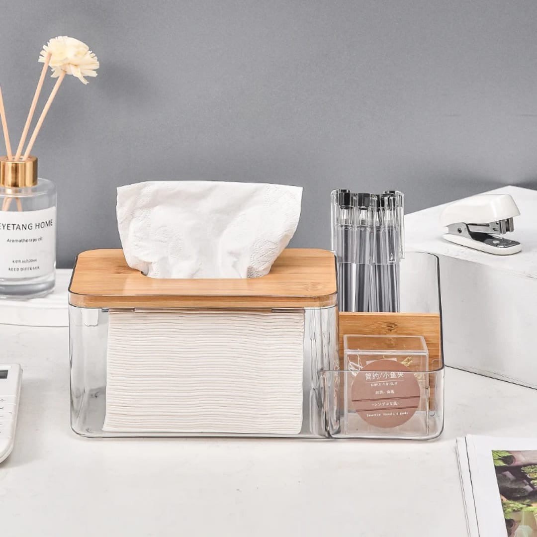 Acrylic clear servviete holders with bamboo lid.
