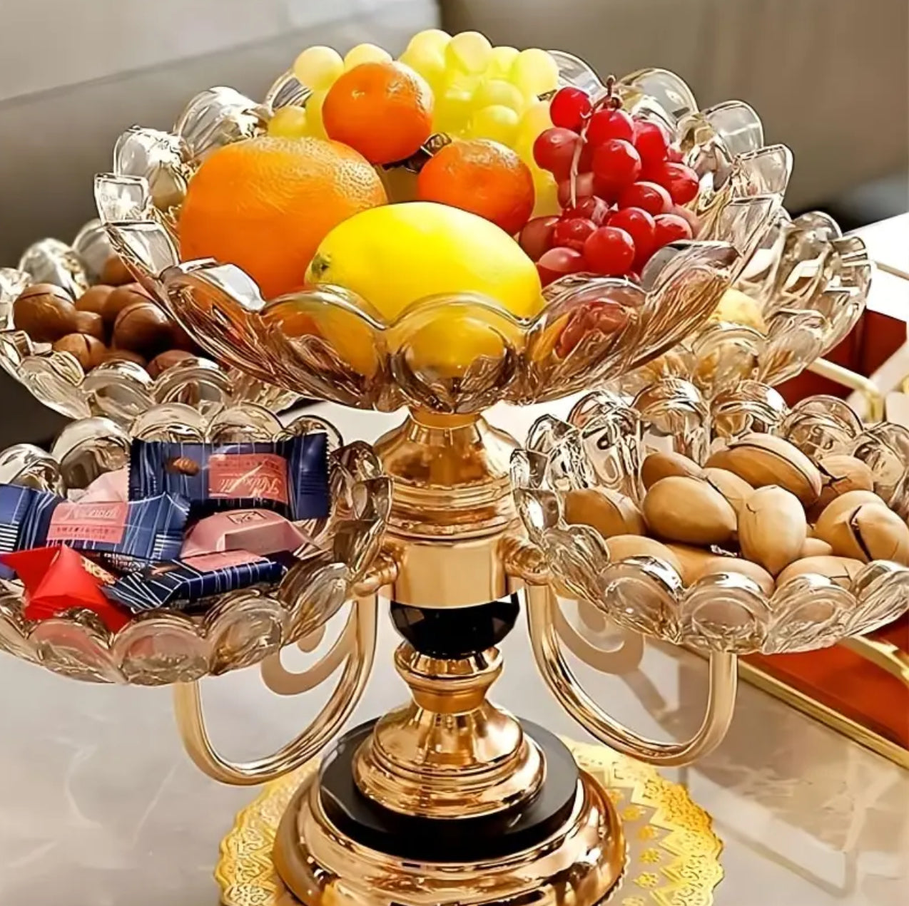 Heavy glass 5 arm fruit bowl elegant presentation set  in 5 designs