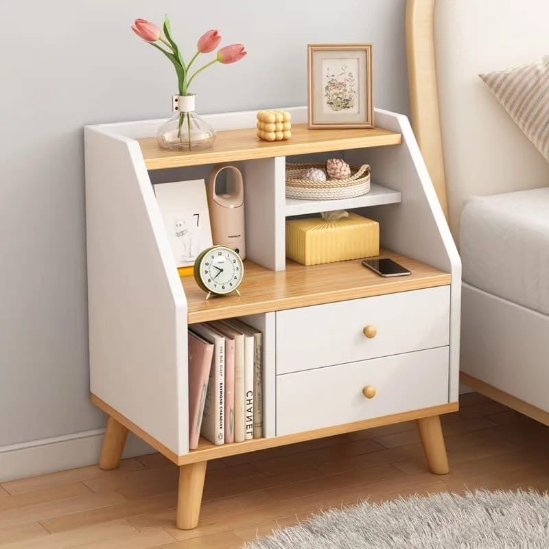 Bedside table with compartment and two drawers