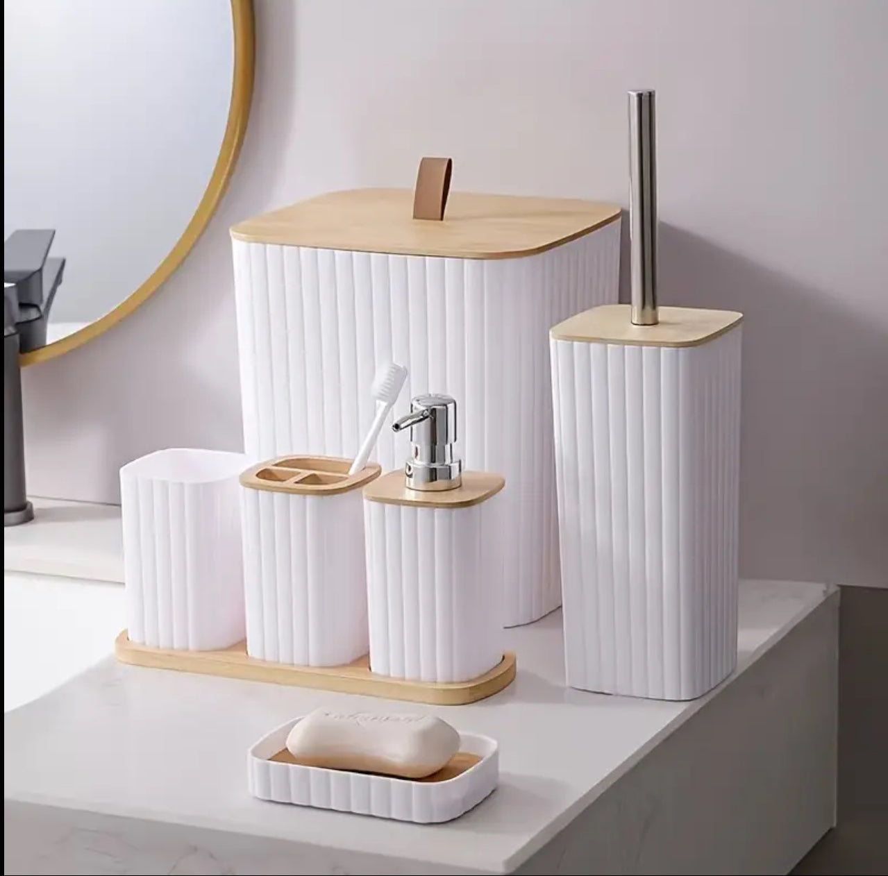 6pcs Eco-Friendly Plastic Bamboo washroom bathroom Accessories set