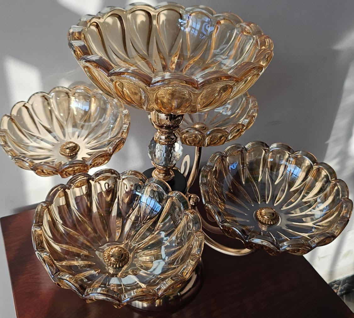 Heavy glass 5 arm fruit bowl elegant presentation set  in 5 designs