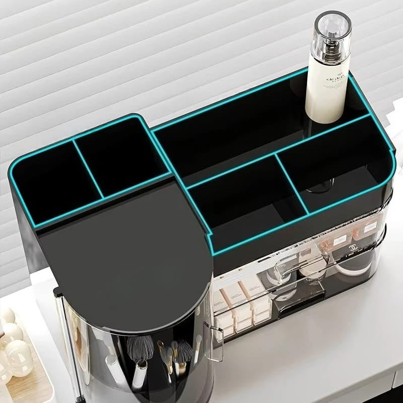Cosmetic organizer rack with tray and rotating holder.