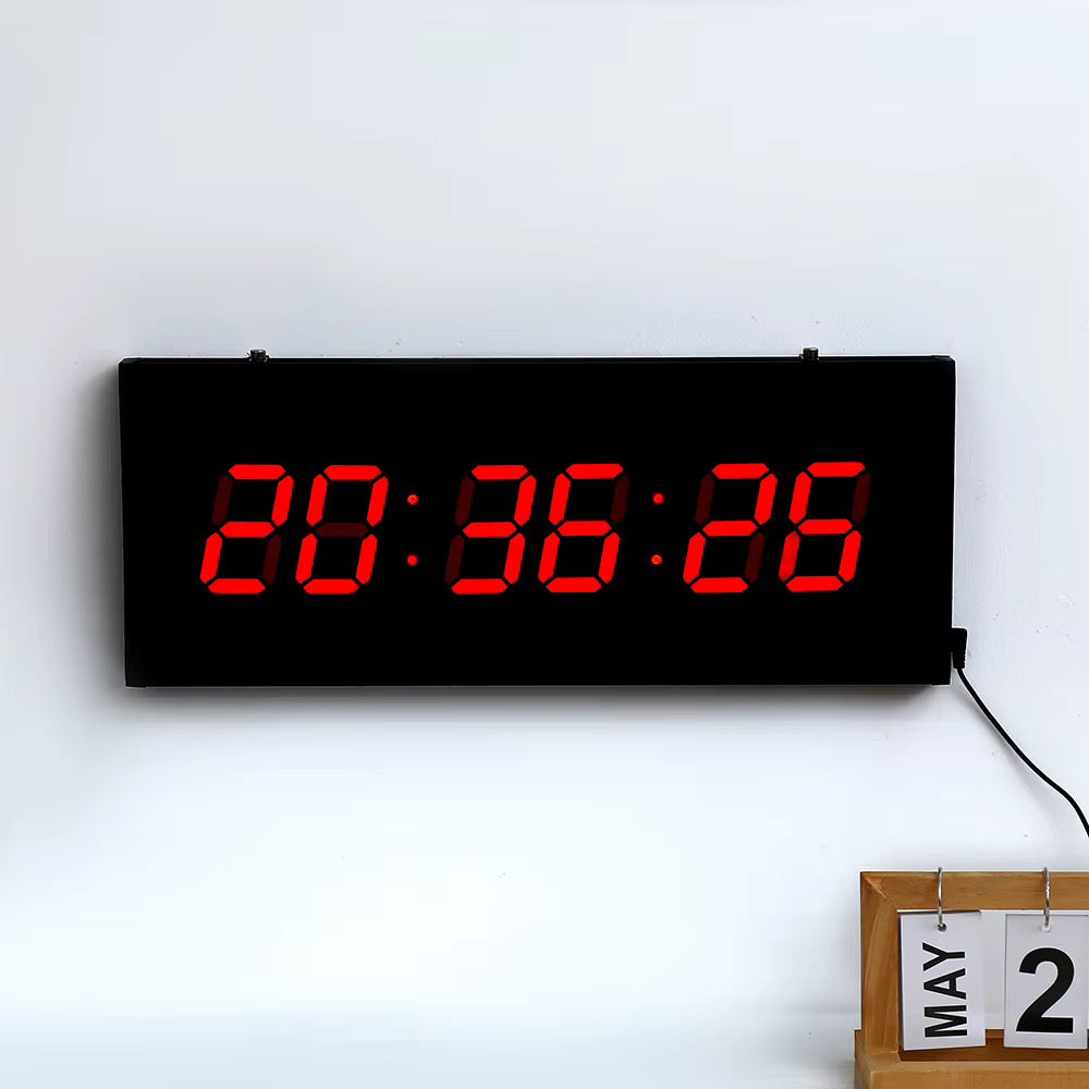 Large  LED digital wall clock, model JH 6826, with a bright red digital display, perpetual calendar, and temperature monitor