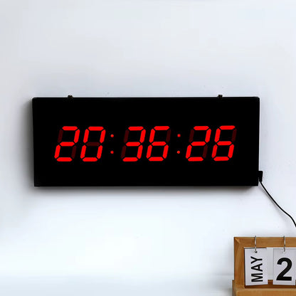 Large  LED digital wall clock, model JH 6826, with a bright red digital display, perpetual calendar, and temperature monitor