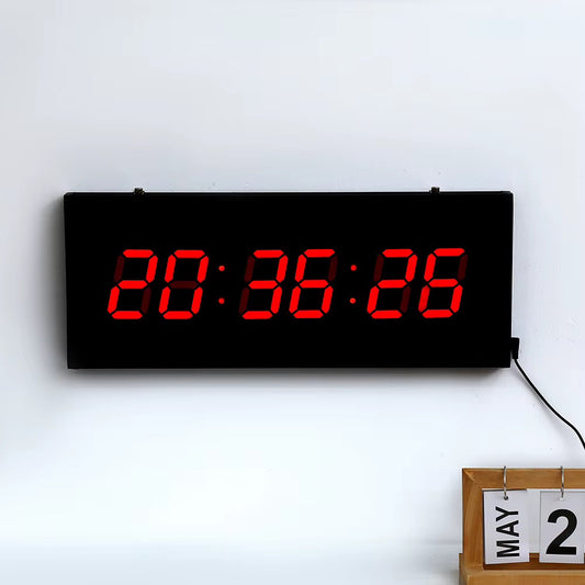 Large  LED digital wall clock, model JH 6826, with a bright red digital display, perpetual calendar, and temperature monitor