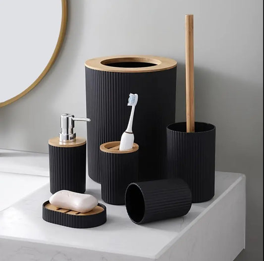 6 in 1 bathroom accessories set with wooden ring