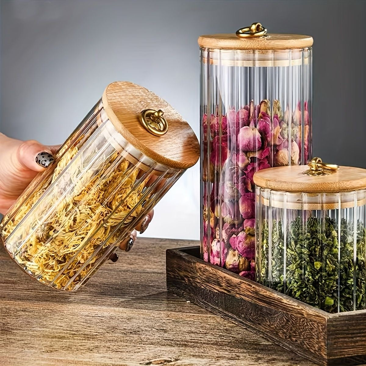 3pcs Set Glass Storage Jars With Bamboo Lids