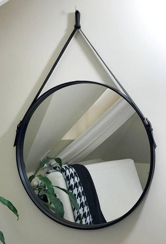 Minimalist Nordic Round  Decorative Mirror With A Leather Strap