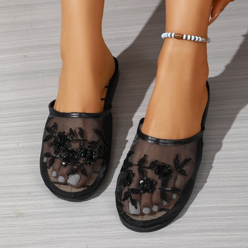Luxury Pearl Ornaments Net Mule Slippers