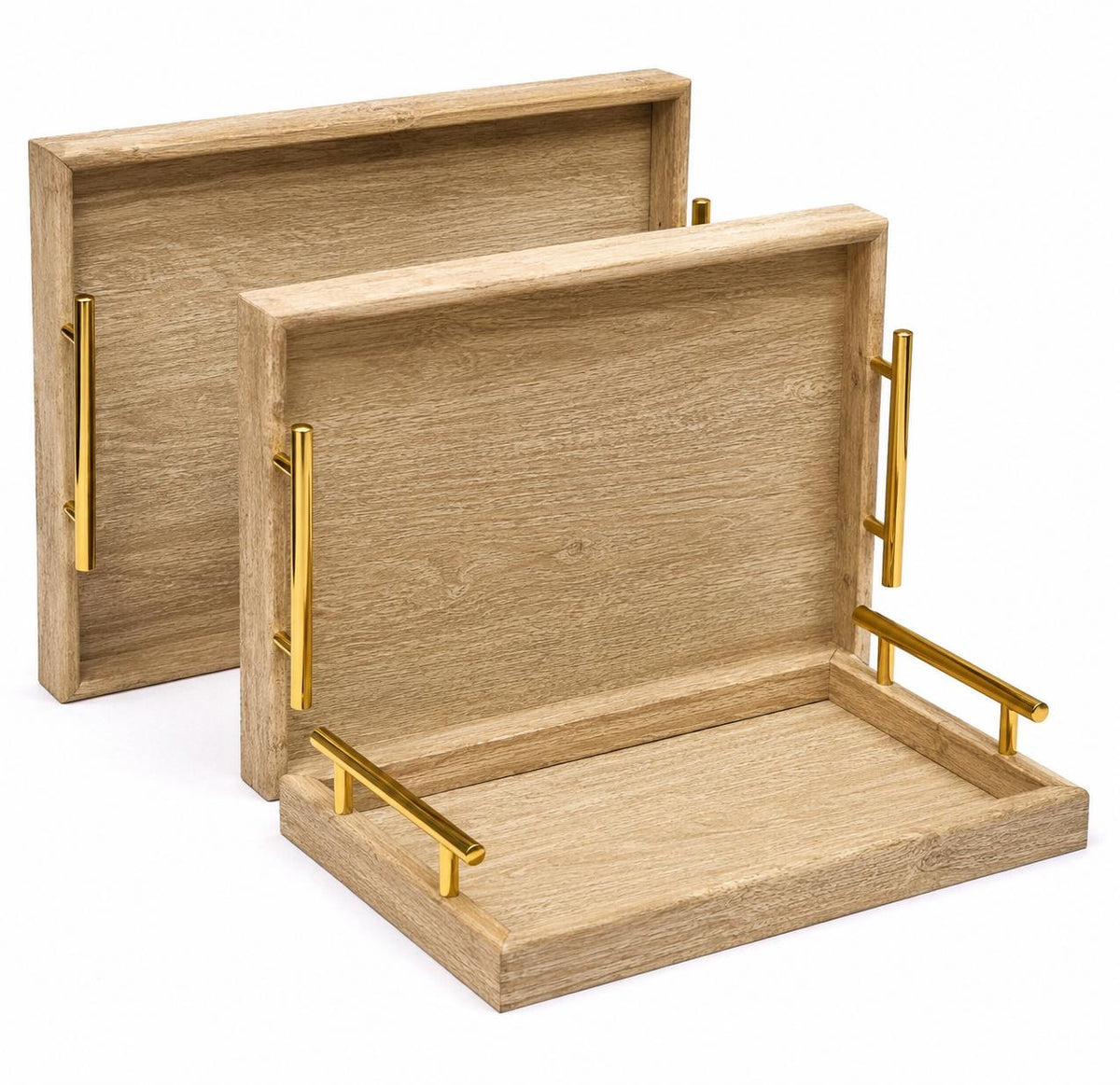 3-piece wooden serving tray set with polished gold-tone metal handles