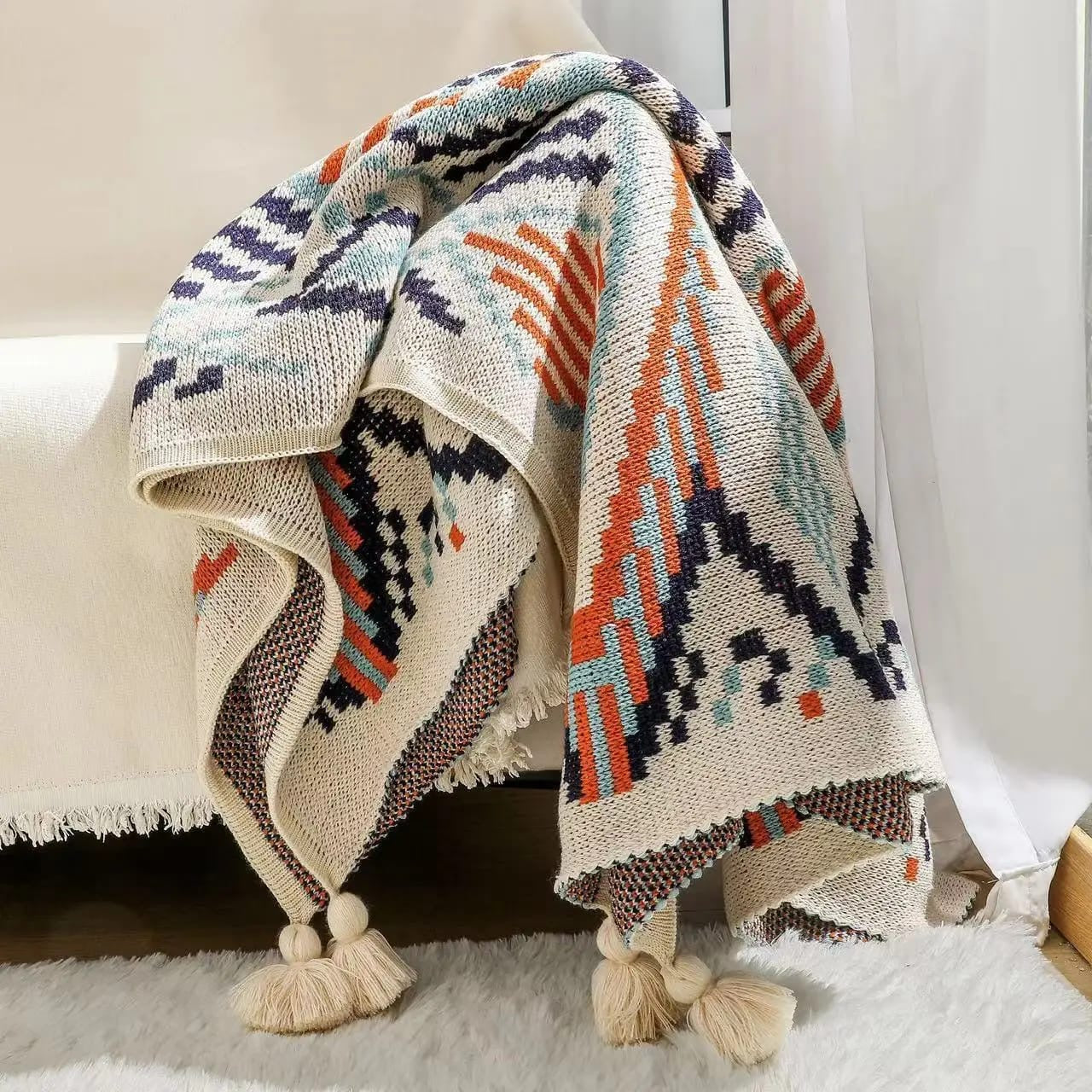 MODERN COZY GEOMETRIC NORDIC BOHEMIAN KNITTED THROW BLANKETS WITH TASSELS