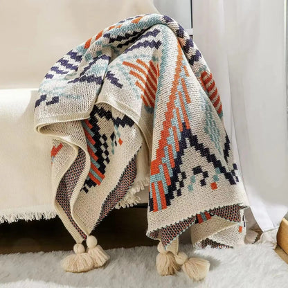 MODERN COZY GEOMETRIC NORDIC BOHEMIAN KNITTED THROW BLANKETS WITH TASSELS