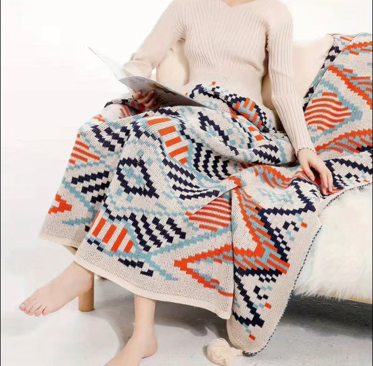 MODERN COZY GEOMETRIC NORDIC BOHEMIAN KNITTED THROW BLANKETS WITH TASSELS